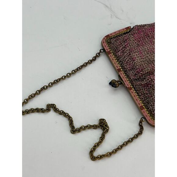 Antique Ornate German Enamel Mesh Coin Purse Bag Pink Repousse Frame Lining good - Picture 15 of 16